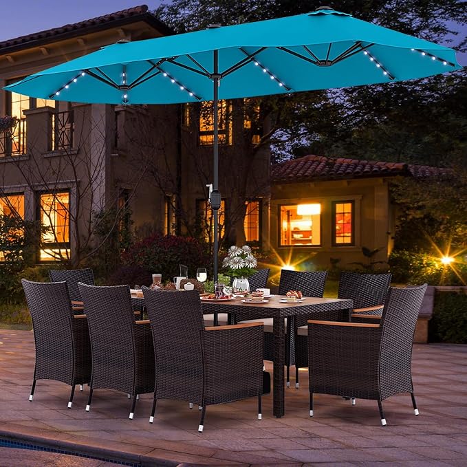 Tangkula 11 Pieces Rattan Outdoor Dining Set with 15Ft Solar Patio Umbrella for 8, Outdoor Wicker Table Set with 8 Cushioned Chairs, Acacia Wood Top, Outdoor Umbrella with Base Included