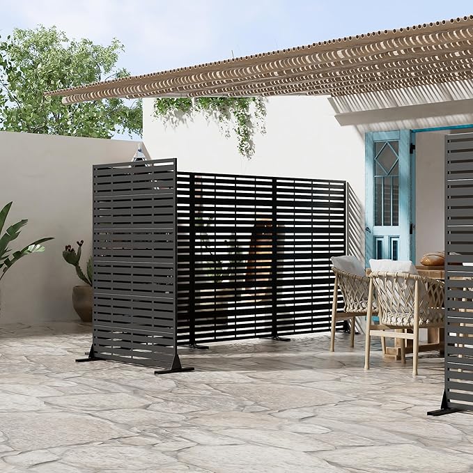 Casaphoria Metal Privacy Screen Outdoor, 72" H x 47" W Freestanding Decorative Privacy Screen for Patio Deck Balcony Garden with Stable Base, Black Adrian