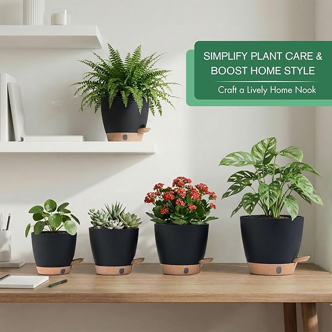 montresor 5-Pack Self-Watering Plastic Plant Pots 5/5.5/6/6.5/7 Inch– Black Indoor Flower Pots with Wick & Water Tray for Herbs, Succulents, Seedlings, Small Plants