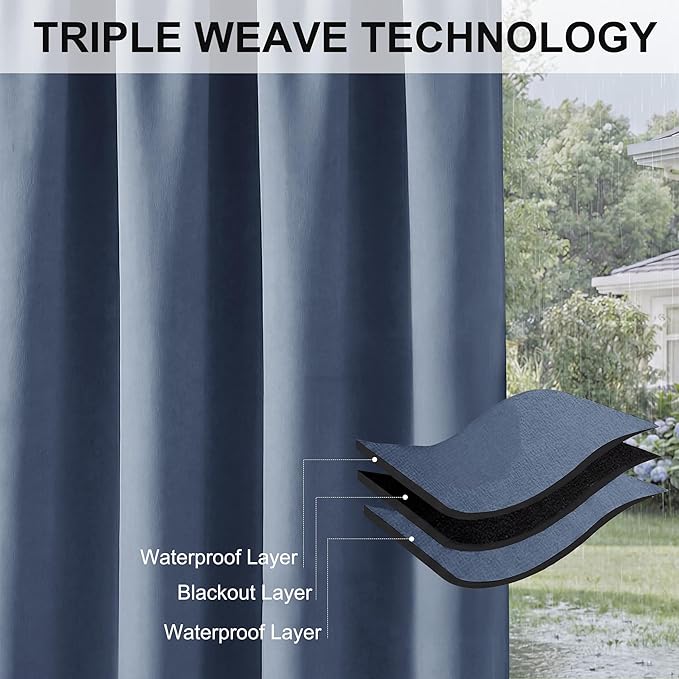 RYB HOME Extra Wide Outdoor Curtains for Patio Waterproof Heavy Duty Thermal Insulated in Summer Full Coverage Privacy for Porch, Cabana & Pool, W150 x L84, Stone Blue, 1 Panel