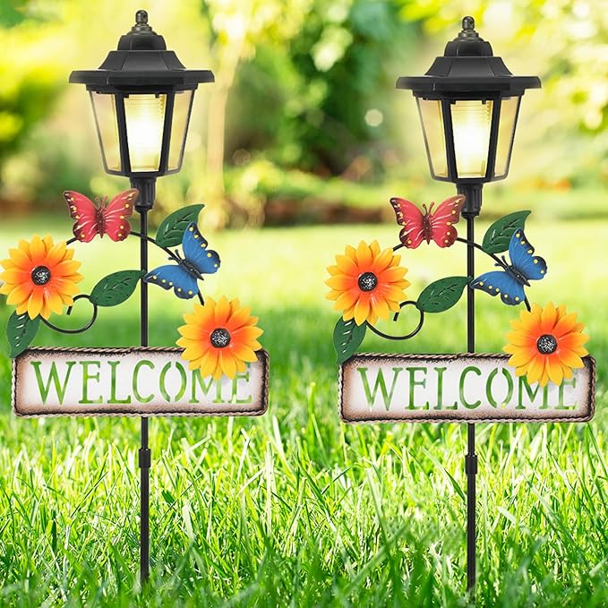 Lewondr Solar Garden Lights Butterfly, 37.4 Inch Solar Lamp Post Light with Welcome Sign & Butterflies, Outdoor Waterproof Solar Stake Lights for Yard Porch Patio Pathway Gardening Gifts, 2 Pack