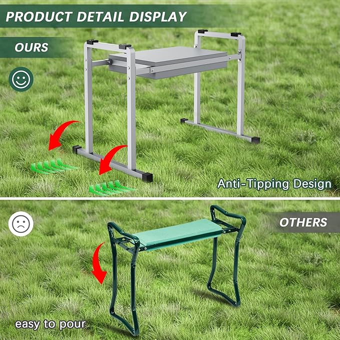 FLINTER Garden Kneelers Seat, Stable and Save Tip-Resistant Design 10.2" Wider Garden Kneeler and Seat with Handle, Heavy Duty Gardening Stool for Seniors, Gardening Weeding Bench for Parents - Gray