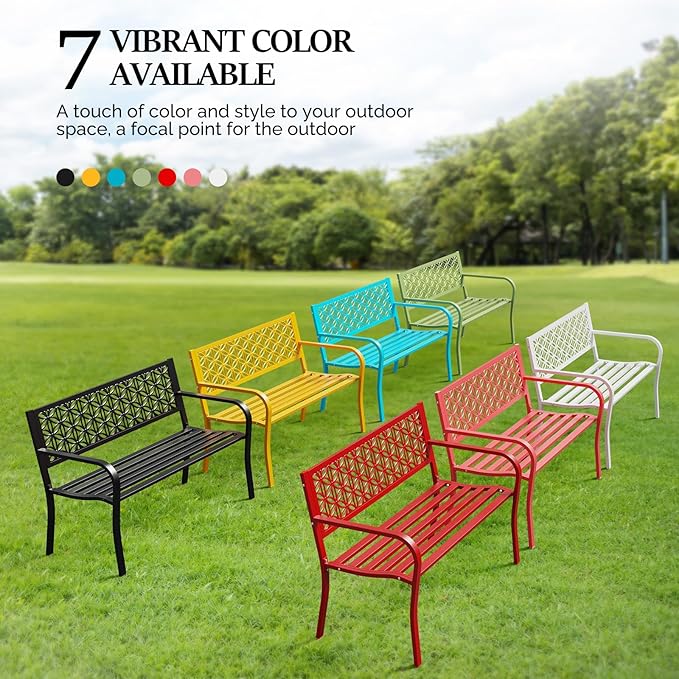VINGLI 50" Outdoor Bench Metal with Floral Back, Garden Bench Front Porch Bench for Yard Patio Entryway Park Outside, 800lb Capacity - Pink