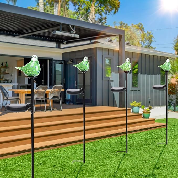 Bshine Solar Garden Decoration Outdoor Green Bird Lights, 2 Pack Hand Blown Glass Bird Waterproof Solar Light Stake Hummingbird Decorate Paths, Pathways, Lawns and Yards Art for Mom