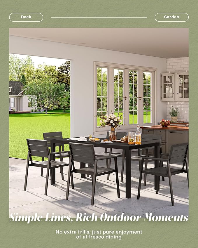 67" HDPS Outdoor Patio Dining Table, Aluminum-Edged Outdoor Dining Table with Umbrella Hole, Weather-Resistant for Lawn, Garden, Poolside and Indoor Use, Charcoal