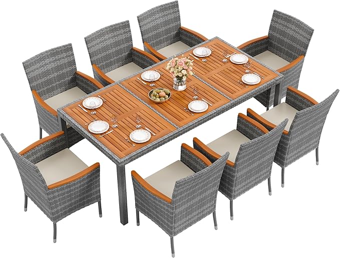 Flamaker 9 Piece Patio Dining Set Outdoor Acacia Wood Table and Chairs with Soft Cushions Wicker Patio Furniture for Deck, Backyard, Garden (Grey)