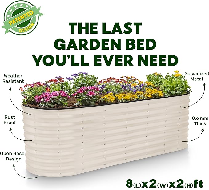 Plant & Plot Galvanized Raised Garden Beds Outdoor // 8×2×2 ft Planter Raised Beds for Gardening, Vegetables, Flowers // Large Metal Garden Box (White) // Patented Tool-Free Design