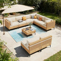 ABCASA Patio Furniture Set, 110" Large 9-Piece Wicker Outdoor Patio Furniture Sets with Anti-Slip Cushions & Coffee Table,Boho Patio Conversation Set Sectional Sofa for Backyard,Porch,Deck,Beige