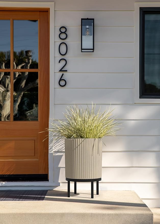 Veradek Demi Series Round Planter w/ Stand for Porch/Patio | Durable Plastic-Concrete & Wooden Stand | Modern Décor for Tall Plants, Flowers