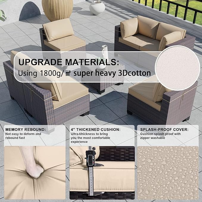 Kullavik 7 Pieces Outdoor Patio Furniture Set PE Wicker Rattan Sectional Sofa Patio Conversation Sets,Sand