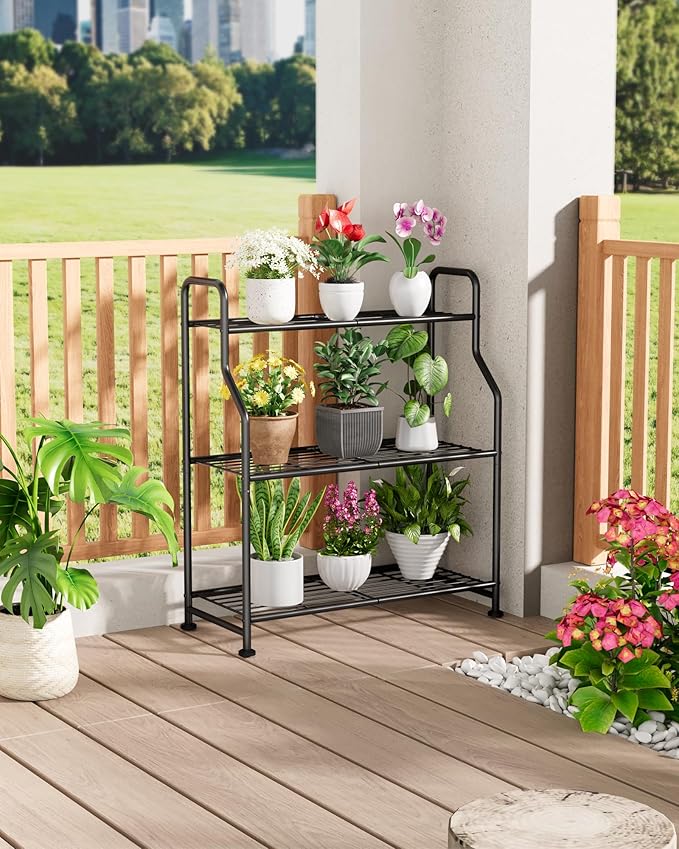 Kitsure Plant Stand Indoor & Outdoor - 3-Tier Metal Plant Shelf with Adjustable Leveling Feet, Easy to Assemble Planter Stand for Patio, Balcony, or Garden (Black, 27" x 11.4" x 29.3")