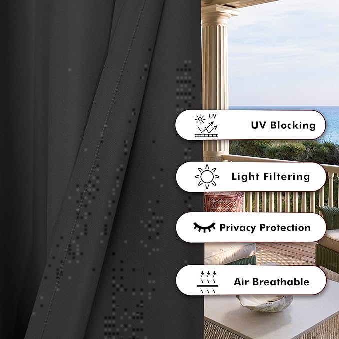 BONZER Waterproof Outdoor Curtains for Patio Porch Pergola Cabana Thick Privacy Wide Grommet Indoor Curtains for Bedroom Living Room, 1 Panel, 110W x 108L inch, Charcoal