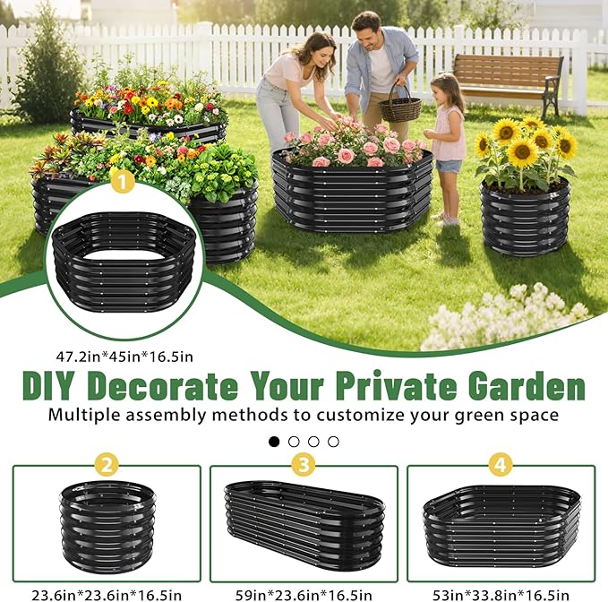 Hexagon Raised Garden Bed, 48 Inch Diagonal & 16.5 Inch Tall, Galvanized Steel Planter Box with Wave-Shaped Metal Panels for Outdoor Flower,Tree,Herb & Vegetable Garden (Black, 4FT X 1.5FT)