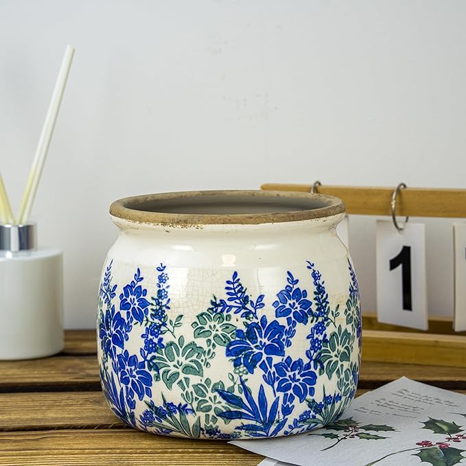 Flower Pot,Vintage Ceramic Pot for Planter with Drainage Holes, 6.29 inch Ice Crack Glazed Small Planters Pot for Indoor,Tucan Home Decor,Gardening Gifts (Art Deco)