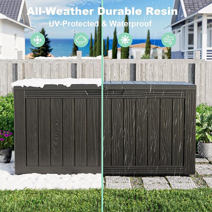 ROJIK Outdoor Storage Housing Deck Box - Waterproof Patio Furniture, Garden Tools, Cushions, Pool Accessories Storage Bench with Lockable Lid and Side Handles (Black 78 Gal)
