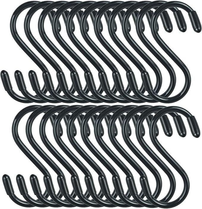 30 Pack Vinyl Coated Heavy Duty S Hooks for Hanging Plants, Clothes, Non Slip Steel Metal Black Rubber Coated Closet S Hooks for Hanging Jeans, Jewelry, Pot, Pan