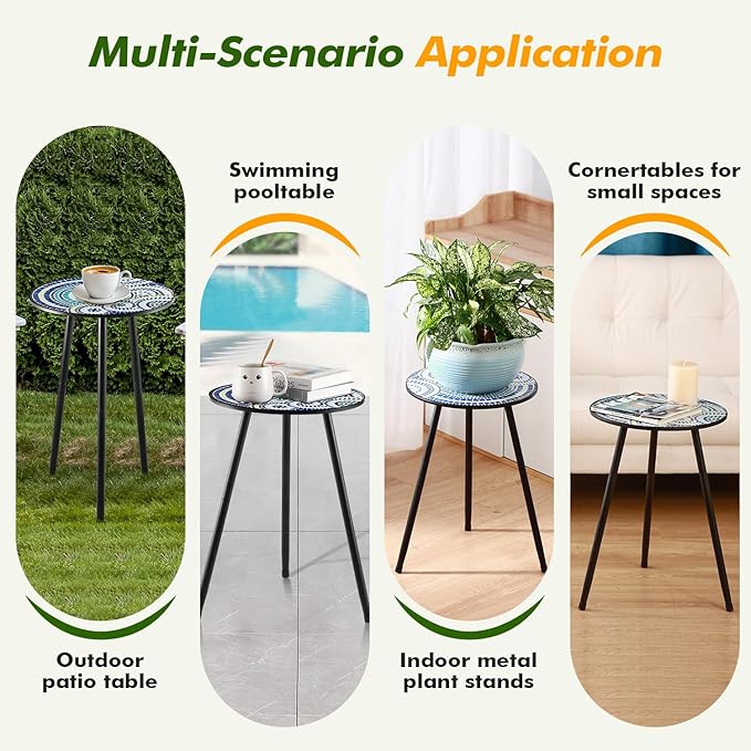 1 Pack Metal Outdoor Side Table Small Outside Round End Table for Patio Modern Accent Garden Corner Table for Small Spaces, Balcony, Porch, Weather-Resistant, Plant Stand Indoor, Round Mosaic