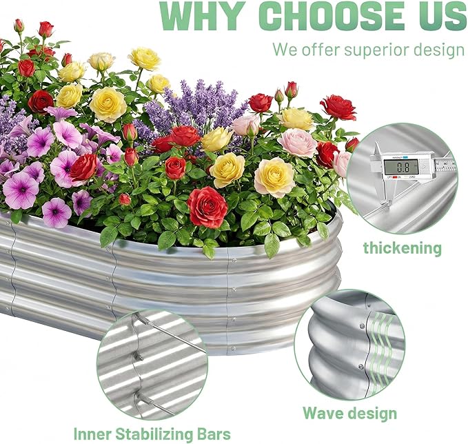 AHEONLAR 3 Pack 6×3×1ft Galvanized Raised Garden Beds, Oval Metal Garden Bed Planter Boxes Outdoor, Durable Raised Garden Beds Outdoor for Vegetables, Flowers, Silver
