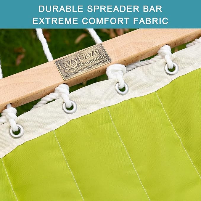 Lazy Daze Hammocks 12 FT Double Quilted Fabric Hammock with Spreader Bar and Detachable Pillow, Two Person Hammocks, 450lbs Weight Capacity (Light Green)