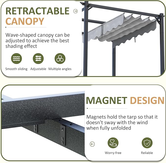 10'x12' Outdoor Pergola with Retractable Canopy, Patio Metal Heavy-Duty Gazebo Shelter for Backyard, Deck, Garden