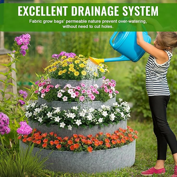 4 Pcs Plant Grow Bags 4 Tiered Strawberry Planter Tower Fabric Raised Garden Beds, 39 Inch Nonwoven Strawberry Pyramid Planter for Vegetables Flower Herbs Gardening Outdoor Growing (Gray)