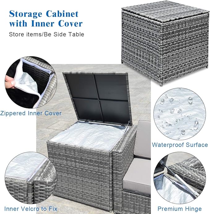 Tangkula 8 Pieces Wicker Patio Furniture Set with Storage Deck Box, PE Rattan Outdoor Sectional Sofa Conversation Set with Coffee Table & Cushions, Outside Furniture for Garden Yard Poolside (Navy)
