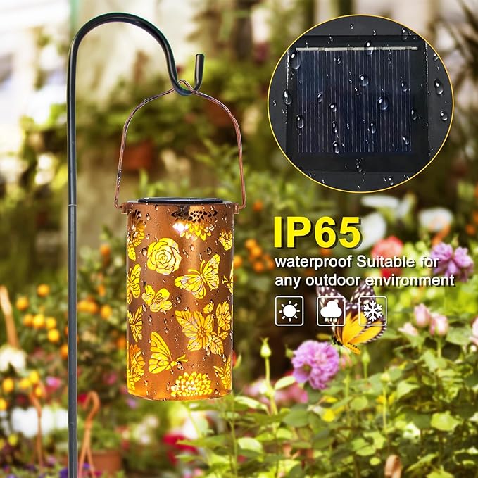 Butterfly Flower Birthday Gifts for Women, Solar Lanterns Outdoor Waterproof, Garden Decor Metal Hanging Decorative Solar Lights for Patio Yard Backyard Porch, Gardening Gifts for Women Mom Grandma