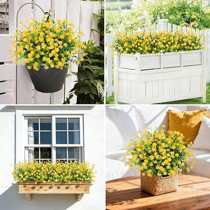 20 Bundles Artificial Flowers for Outdoors Fake Plastic Flowers UV Resistant Realistic Faux Plants Shrubs for Spring Summer Garden Porch Yard Patio Planter Window Box Home Decor, Yellow
