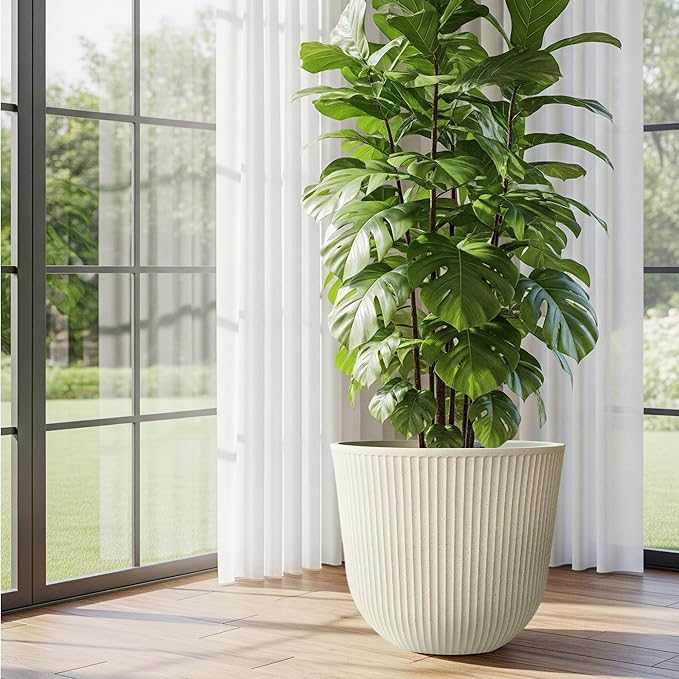 WORTH Garden Round Large Planter Pot Set of 2-17.5" Dia x 15.5" H - Durable Plastic Beige Plant Tree Pots with Vertical Stripe Textured Finish, Drainage Hole for Indoor, Outdoor, Front Porch, Patio