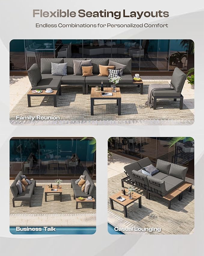 Aluminum Modular Outdoor Patio Furniture Set, 8 Seats Sectional Sofa Set with Adjustable Backrest & Thick Cushions, All-Weather L-Shaped Corner Set with Table for Garden & Yard, Graphite