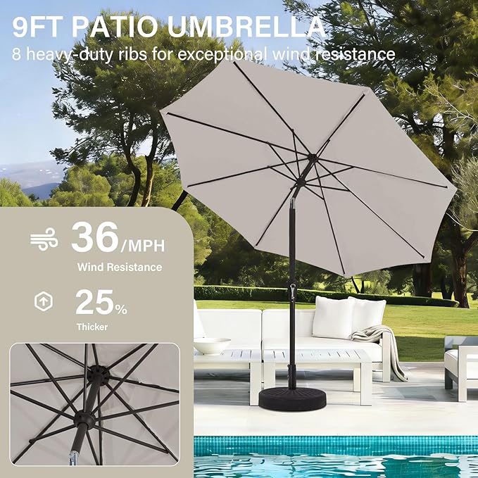 MEWAY 9ft Patio Umbrella Outdoor Table Umbrellas with Push Button Tilt and Crank, Market Umbrella 8 Sturdy Ribs for Deck, Garden, Pool and Backyard, Fog Gray