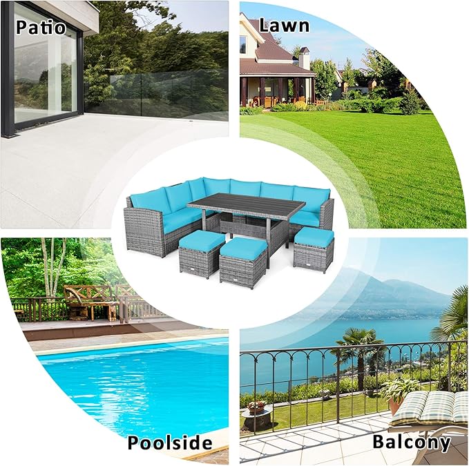 Tangkula 7 Pieces Patio Furniture Set, Outdoor Sectional Rattan Dining Sofa Set with Cushions, All Weather Wicker Conversation Couch Set with Dining Table & Ottomans for Yard Garden Poolside