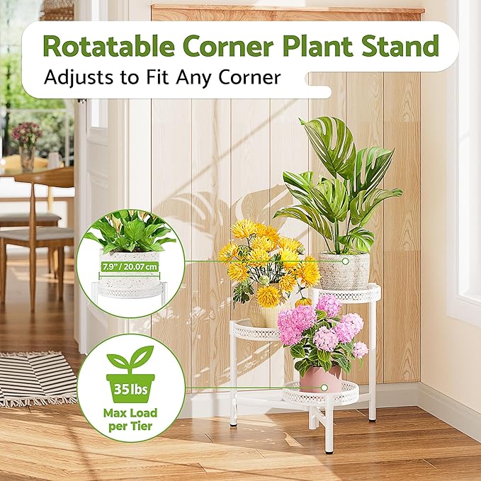 3 Tiered Tall Plant Stand Indoor Outdoor, Metral Plant Shelf for Corner Display Rack, Multi-Tier Folding Planter Pot Holder Flower Stand for Living Room Balcony Garden Patio - WhiteWave