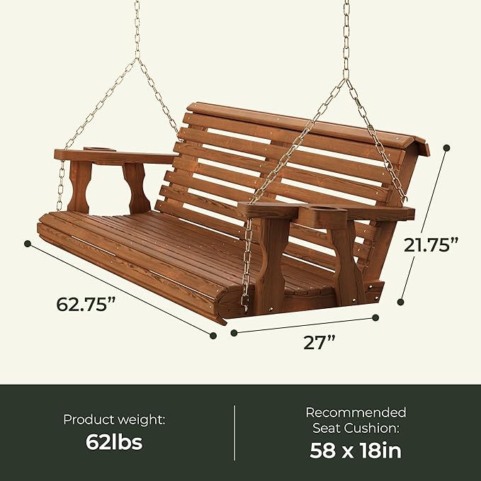 Amish Casual 6 Foot Roll Back Porch Swing with Cup Holders in Unfinished - Amish Made in The USA from Treated Pine Heavy Duty 700 Lb. Weight Capacity