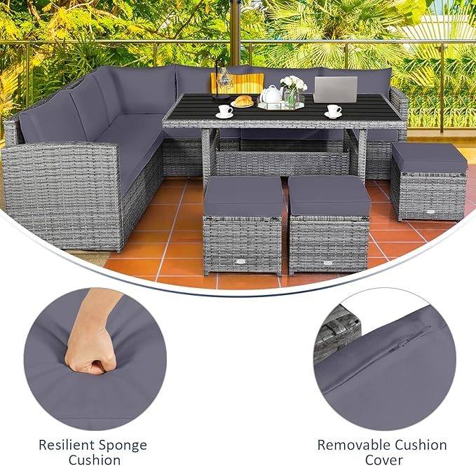 Tangkula 7 Pieces Patio Furniture Set, Outdoor Sectional Rattan Dining Sofa Set with Cushions, All Weather Wicker Conversation Couch Set with Dining Table & Ottomans for Yard Garden Poolside, Grey