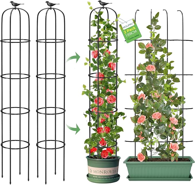 Tower Obelisk Garden Trellis for Climbing Plant，6.2FT/74.4" Rustproof Metal Potted Plant Climbing Support for Indoor Outdoor Flowers Vegetable Fruits Vines Support (2Pcs)