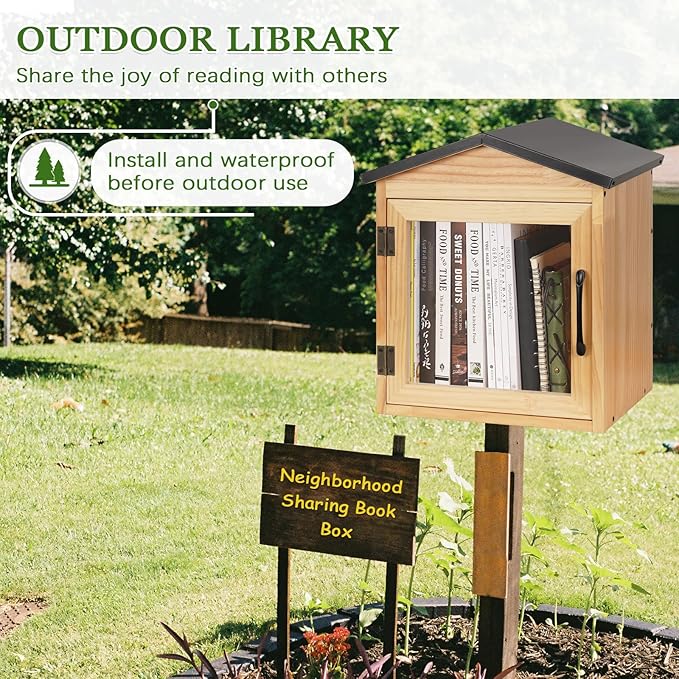 Outdoor Library Outdoor Book Box Storage Small Wooden Cabinet Little Literature Box for Neighborhoods Community and Schools Sharing Books, Flyers, Newspapers, Food and Art (B)