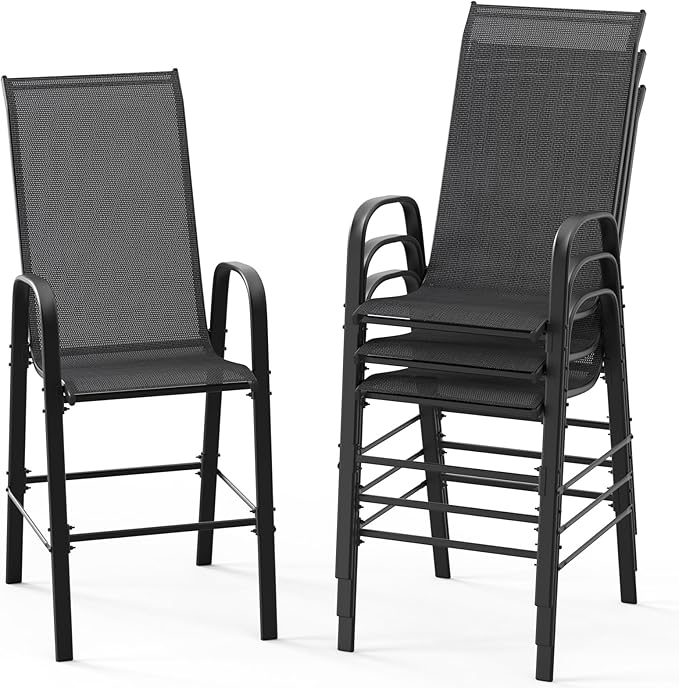 VINGLI 4 Pack Stackable Outdoor Bar Chairs – High Back Sling Chairs with Armrests, Ideal for Lawn, Courtyard, Bar, Black