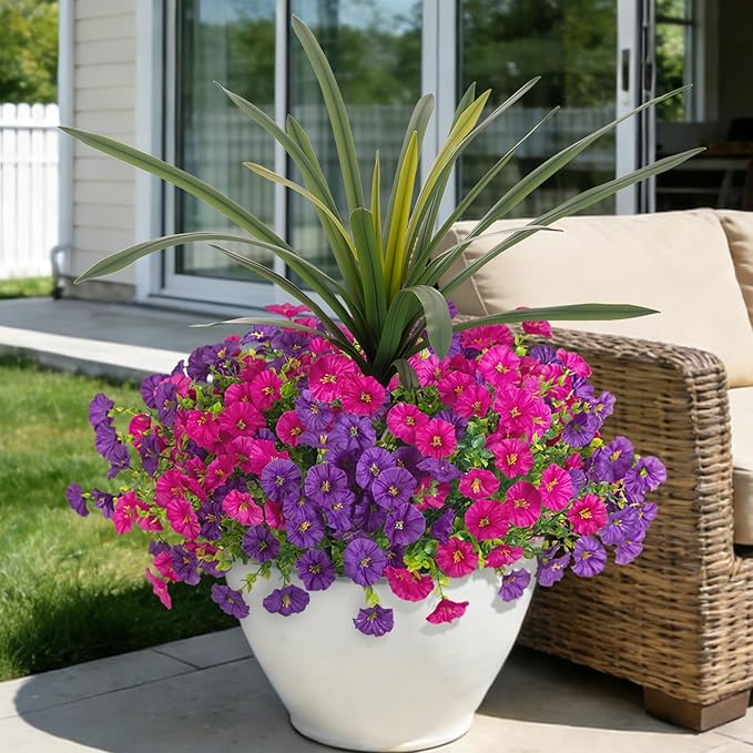 Artificial Flowers for Outdoors Fake Plants Outside, 12 Bundles Silk Morning Glory with Eucalyptus + Orchid Leaf UV Resistant Realistic Faux Flowers for Porch Planter Garden Patio (Purple Fuchsia)