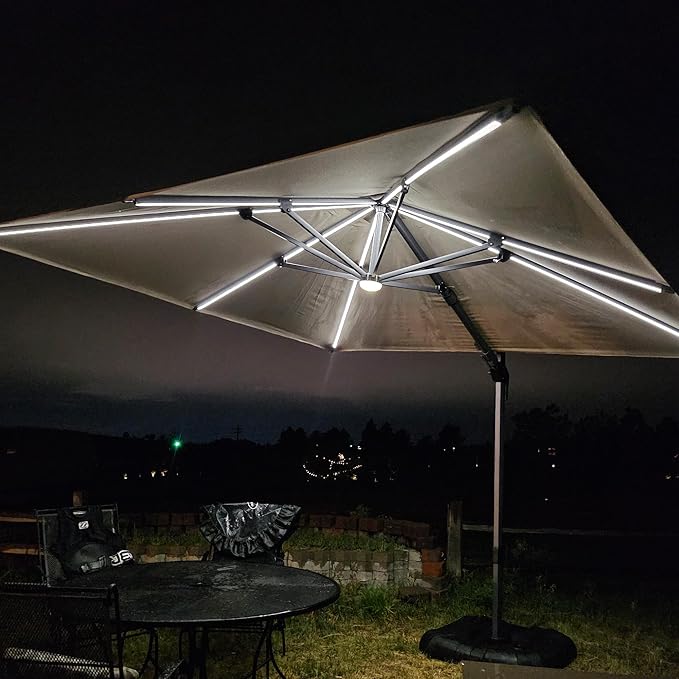 PURPLE LEAF 10 Feet Patio Umbrella with Base Outdoor Cantilever Solar Powered LED Swivel Square Umbrella Aluminum Offset Umbrella with 360-degree Rotation for Garden Deck Pool Patio, Beige