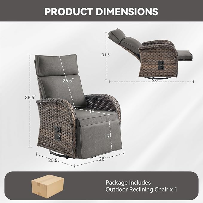 Zero Gravity Patio Swivel Rocking Recliner Chair - Wicker Outdoor Lounge Chair with Adjustable Backrest & Footrest, All Weather Reclining Rocker Chairs with Thick Cushion for Pool Deck Gray