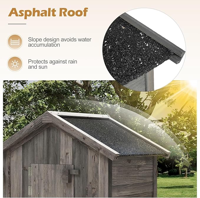Goplus All-in-One Storage Shed, 70" Tall Wooden Lockable Cabinet w/Foldable Work Table, Vertical Utility Tool Organizer w/Shelves & Hooks, Waterproof Garden Shed for Patio Backyard (Gray)