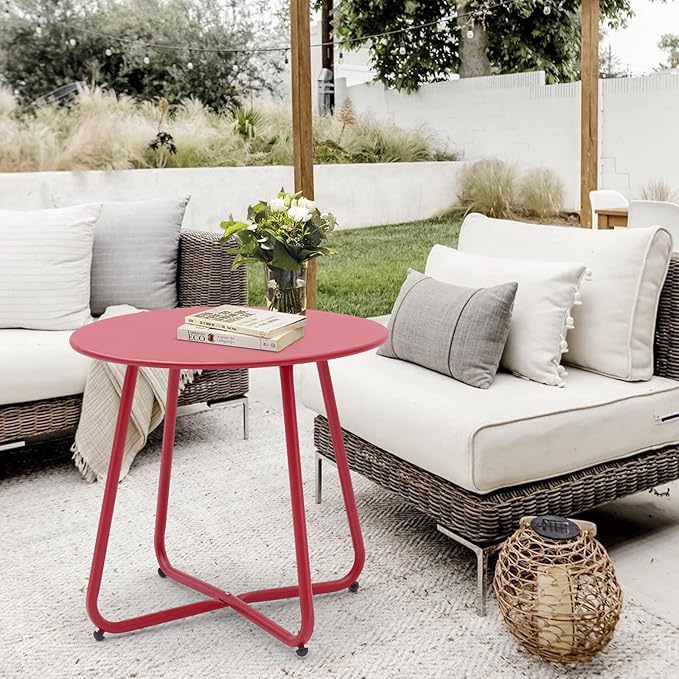 Patio Small Side Table Waterproof Round Metal Steel Weather Resistant Portable Outdoor and Indoor End Table for Garden Balcony Yard, Red