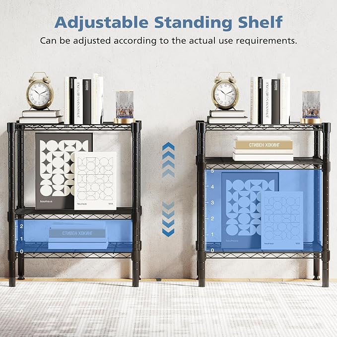 DUMOS 3-Tier Metal Wire Storage Shelves, Adjustable Standing Storage Rack Shelf, Heavy Duty Steel Shelving Unit Organizers for Kitchen Bathroom Pantry Garage, 23.3" W×13.4" D×30" H, Black
