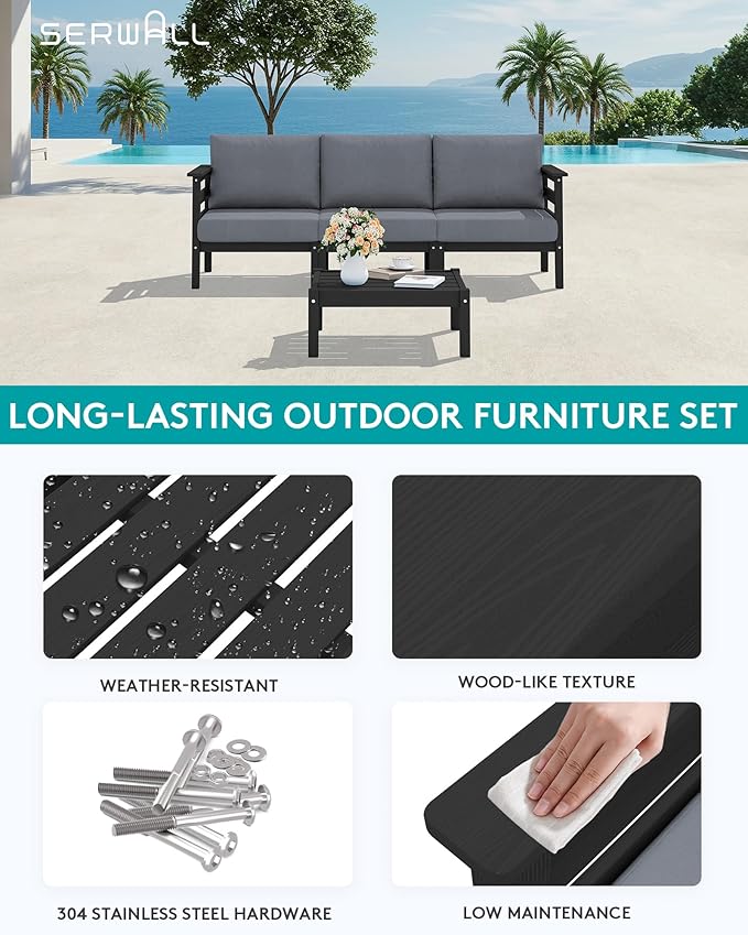 SERWALL HDPE Patio Furniture Set, 4 Pieces Outdoor Sectional Sofa Set, All-Weather Wood-Like Outdoor Sofa Couch with Coffee Table for Deck, Lawn, Black Frame with Grey Cushion