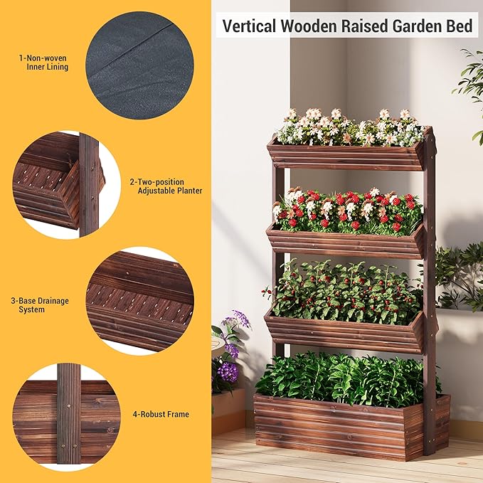 Vertical Wooden Raised Garden Bed Planters Wood Planter Kit Plant Stand Flower Rack Planter Box Gardening Plants Herbs Flowers Vegetables Outdoor Indoor Freestanding (Carbonized 4-Tier)