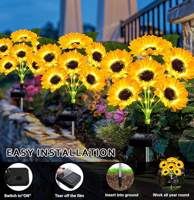 Solar Lights Outdoor Garden Decor,4 Pack with 24 Sunflower Lights,Solar Flowers Lights Waterproof,Birthday Gifts for Mom Women Grandma,Outside Decorative Stakes Light for Landscape Yard Patio Lawn