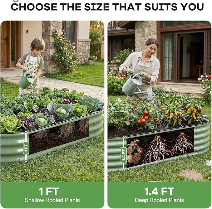 Galvanized Raised Garden Bed Outdoor, 6x3x1.4ft Oval Metal Raised Beds for Gardening, Rust-Resistant Garden Planter Box for Planting Vegetables, Flowers, Fruits in Lawn(Olive Green, 2 Packs)