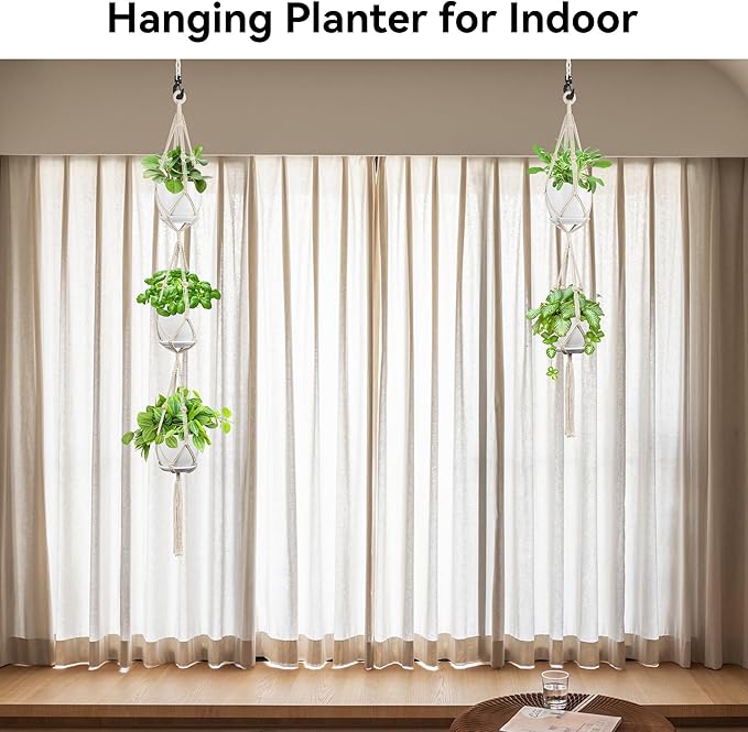 USLAI Macrame Plant Hanger Indoor Outdoor, Fits 4 to 8 Inch Pots, Strong Hanging Planter Holder, Boho Home Decor, 49+72 Inch, Ivory (POTS NOT Included)