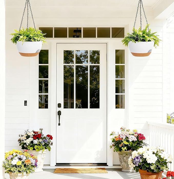 8 Inch Hanging Planters for Indoor Outdoor Plants, 4 Pack White Brown Plastic Self Watering Hanging Baskets with Drainage Holes and Chain for Garden Porch